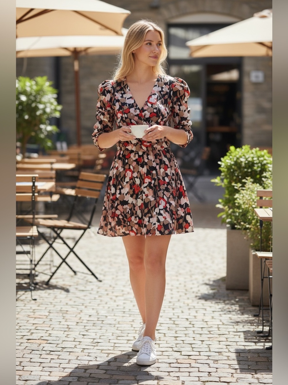 Ted Baker Black Floral V-Neck Puff-Sleeve Mini Dress size 3 (us 8)